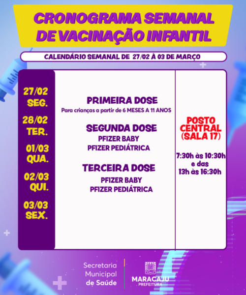 Confira o Cronograma de Vacinação Infantil contra a Covid-19 para crianças de 3 a 11 anos, no período de 27/02 à 03 de Março.